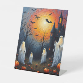Halloween-geesten in een pompoenveld reclamebord met voetstuk