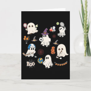 Halloween-geesten spelen voetbal tennis hockey vol kaart