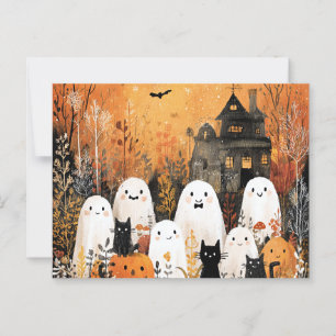 Halloween geesten, zwarte katten en vleermuizen, briefkaart