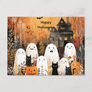 Halloween geesten, zwarte katten en vleermuizen, feestdagenkaart