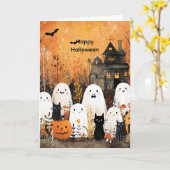 Halloween geesten, zwarte katten en vleermuizen, kaart (Gele Bloem)