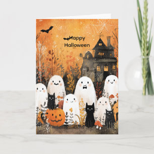 Halloween geesten, zwarte katten en vleermuizen, kaart