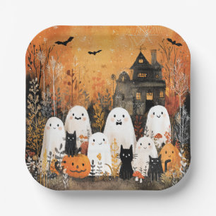 Halloween geesten, zwarte katten en vleermuizen, papieren bordje