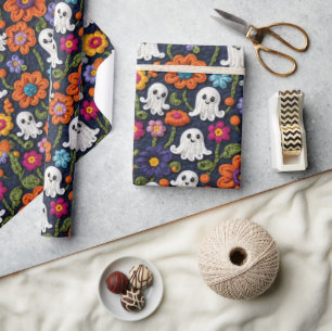 Halloween gehaakte stijl geesten en bloemen cadeaupapier