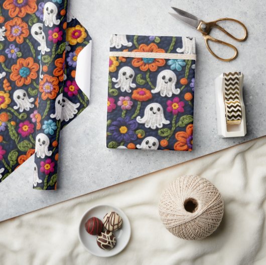 Halloween gehaakte stijl geesten en bloemen cadeaupapier (Crafts)