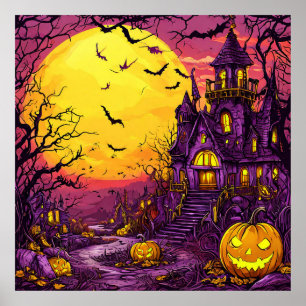 Halloween Gehekste Kasteel Pompoenen Vleermuizen D Poster