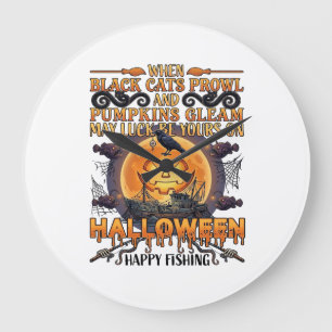 Halloween Gelukkig Vissen Zwarte Katten Pompoenen  Grote Klok