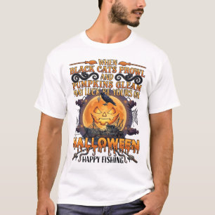 Halloween Gelukkig Vissen Zwarte Katten Pompoenen T-shirt