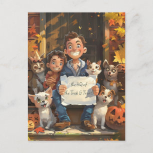 Halloween Gelukkige Familie met Huisdieren Briefkaart
