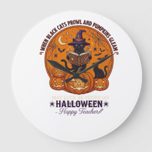 Halloween Gelukkige Leraar Zwarte Kat Heksenhoed P Grote Klok