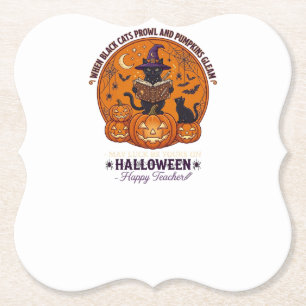 Halloween Gelukkige Leraar Zwarte Kat Heksenhoed P Kartonnen Onderzetters