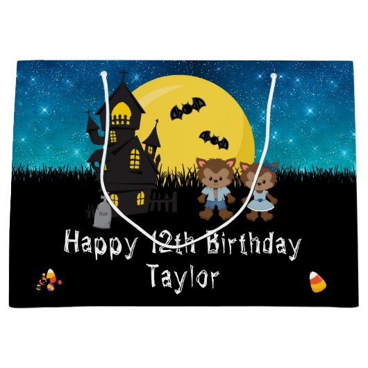 Halloween Gelukkige Verjaardag Weerwolf Donkerblau Groot Cadeauzakje (Voorkant)
