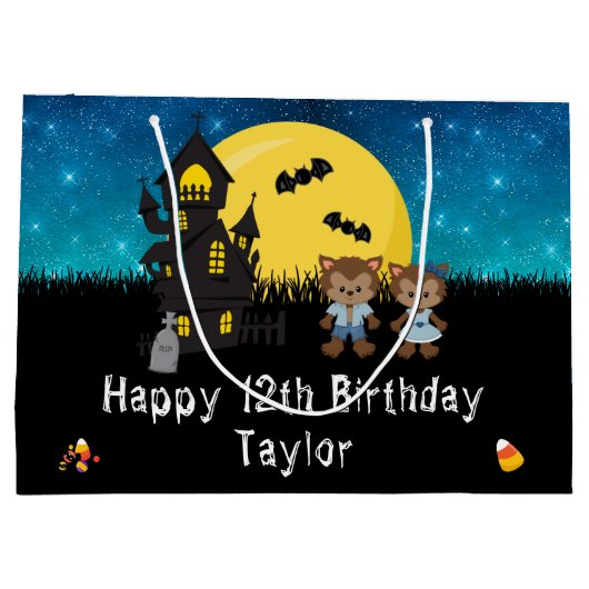 Halloween Gelukkige Verjaardag Weerwolf Donkerblau Groot Cadeauzakje (Achterkant)