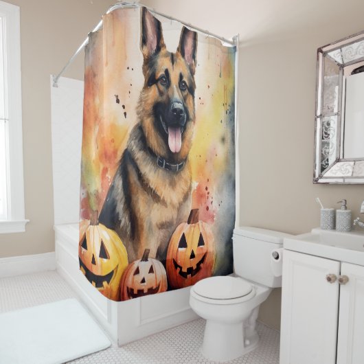 Halloween German Shepherd met pompoenen eng Douchegordijn (In situ)