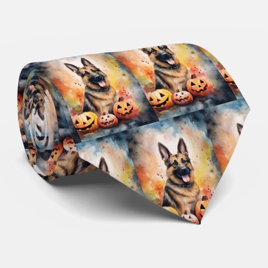 Halloween German Shepherd met pompoenen eng Stropdas (Opgerold)