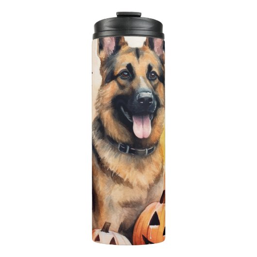 Halloween German Shepherd met pompoenen eng Thermosbeker (Voorkant)