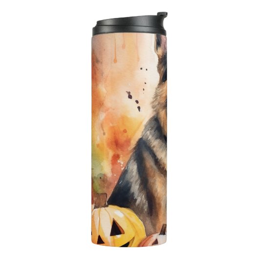Halloween German Shepherd met pompoenen eng Thermosbeker (Gedraaid links)