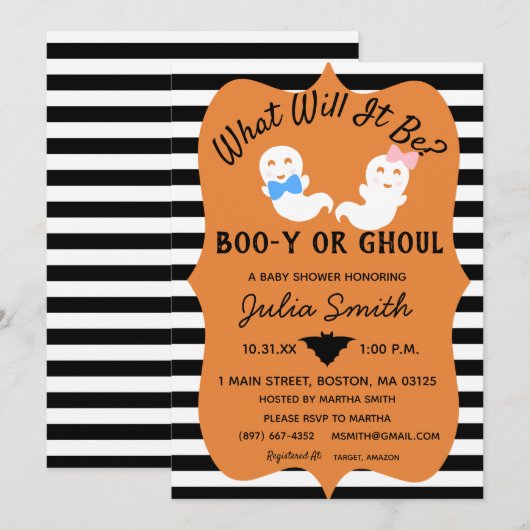 Halloween Geslacht Onthullen Uitnodigen, Boo-y of  Kaart (Voorkant / Achterkant)