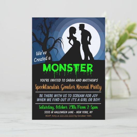 Halloween geslacht verklap feest uitnodiging (Staand voorkant)