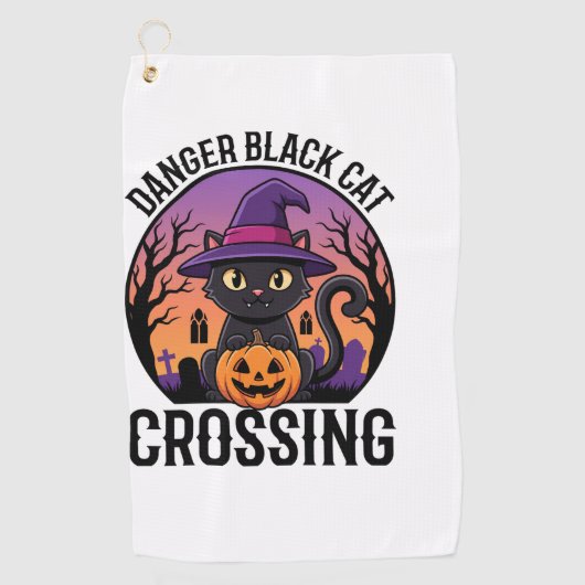 Halloween Gevaar Zwarte Kat Oversteekt Golfhanddoek (Voorkant)
