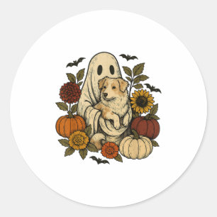  Halloween Ghost Aussie Dog Herfst Bloemen Ronde Sticker