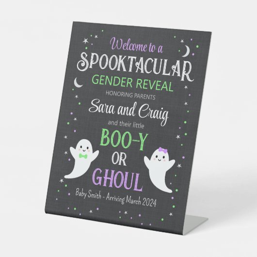 Halloween ghost baby gender onthullen reclamebord met voetstuk (Voorkant)