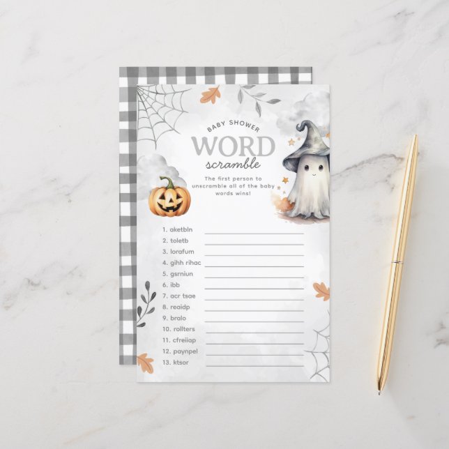 Halloween Ghost Baby shower Word Scramble Game (Voorkant / Achterkant in situ)
