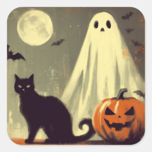 Halloween Ghost, Black Cat en Jack-o'-lantern Vierkante Sticker