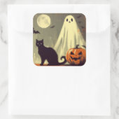 Halloween Ghost, Black Cat en Jack-o'-lantern Vierkante Sticker (Tas)