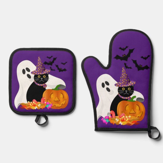 Halloween Ghost Black Cat Paarse Ovenwant & Pannenlap Set (Voorkant)