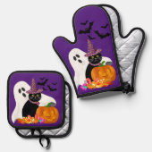 Halloween Ghost Black Cat Paarse Ovenwant & Pannenlap Set (Voorkant / Achterkant)