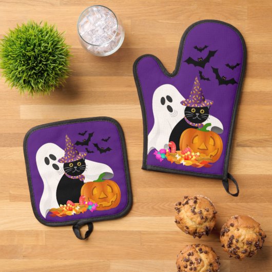 Halloween Ghost Black Cat Paarse Ovenwant & Pannenlap Set (Top down)