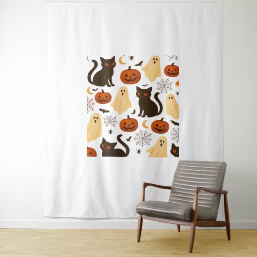 Halloween Ghost & Black Cat Pattern Classi Wandkleed (In situ)