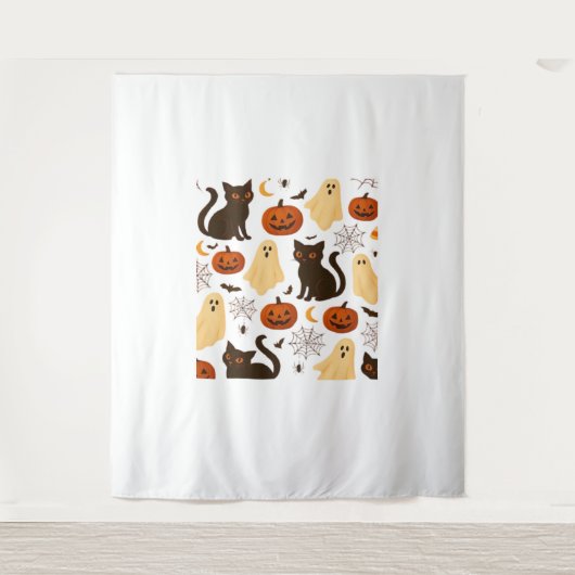 Halloween Ghost & Black Cat Pattern Classi Wandkleed (Voorkant)