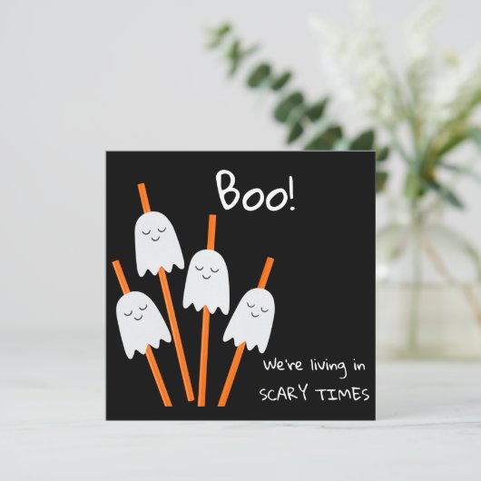 Halloween Ghost Cartoon Black Oranje Fun Flat Kaart (Staand voorkant)