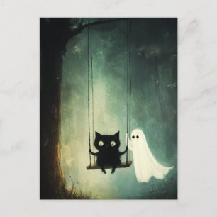 Halloween Ghost, Cat on Swing Briefkaart