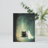 Halloween Ghost, Cat on Swing Briefkaart (Staand voorkant)