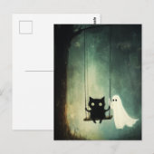 Halloween Ghost, Cat on Swing Briefkaart (Voorkant / Achterkant)