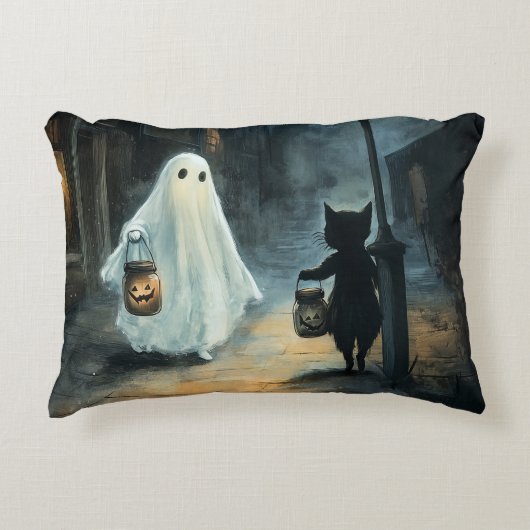 Halloween Ghost & Cat Ontmoeting Accent Kussen (Voorkant)