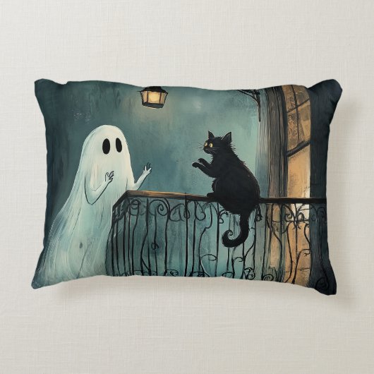 Halloween Ghost & Cat Ontmoeting Accent Kussen (Achterkant)