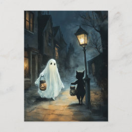 Halloween Ghost & Cat Ontmoeting Briefkaart