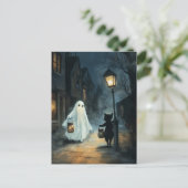 Halloween Ghost & Cat Ontmoeting Briefkaart (Staand voorkant)
