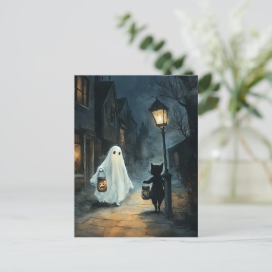 Halloween Ghost & Cat Ontmoeting Briefkaart (Staand voorkant)