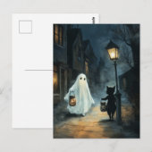 Halloween Ghost & Cat Ontmoeting Briefkaart (Voorkant / Achterkant)