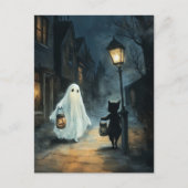 Halloween Ghost & Cat Ontmoeting Briefkaart (Voorkant)
