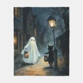 Halloween Ghost & Cat Ontmoeting Fleece Deken (Voorkant)