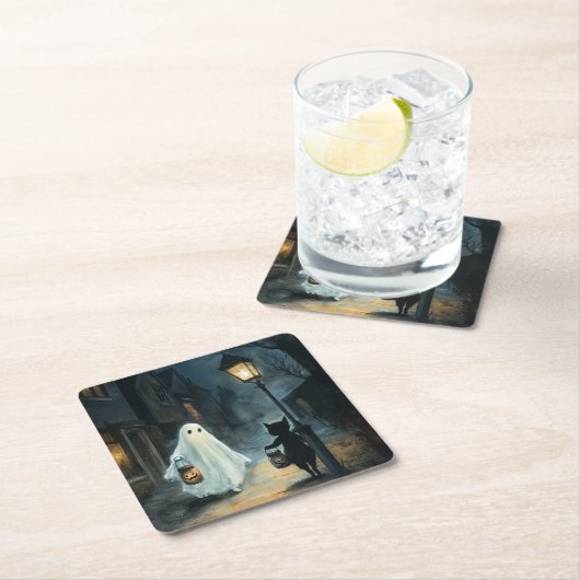 Halloween Ghost & Cat Ontmoeting Kartonnen Onderzetters (Insitu)