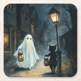 Halloween Ghost & Cat Ontmoeting Kartonnen Onderzetters