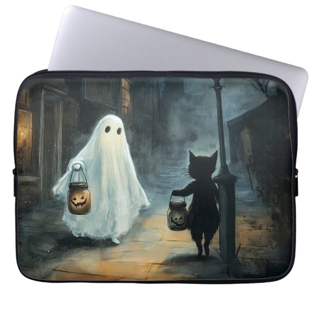 Halloween Ghost & Cat Ontmoeting Laptop Sleeve (Voorkant)