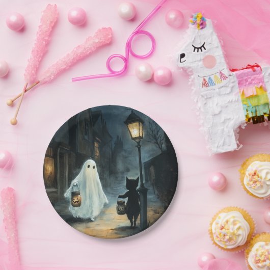 Halloween Ghost & Cat Ontmoeting Papieren Bordje (Feest)